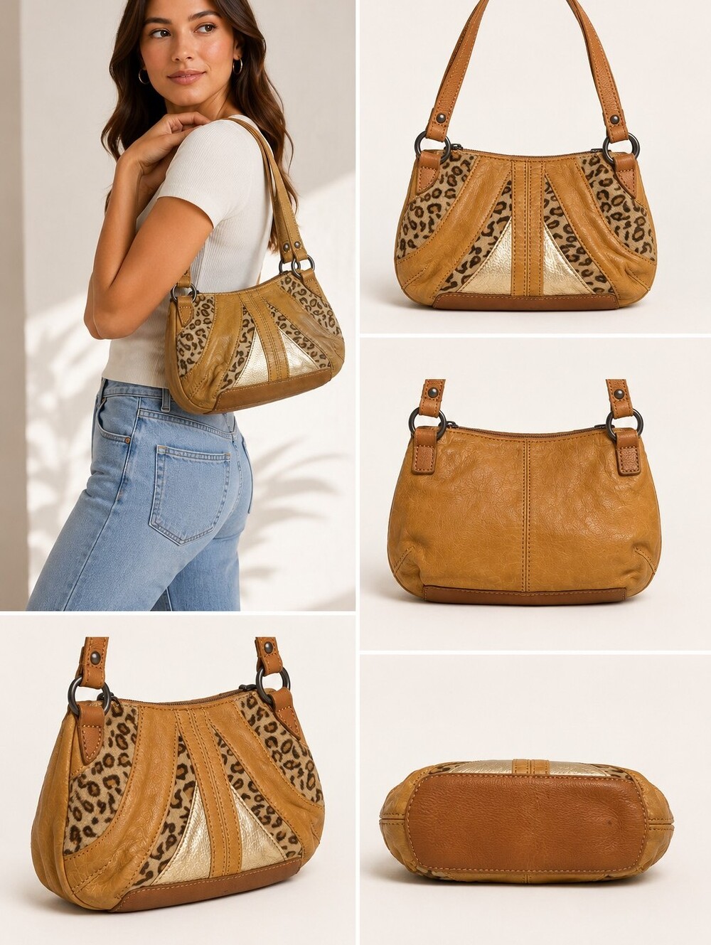 Fossil Leather and Leopard Print Women's Shoulder Bag - Tan